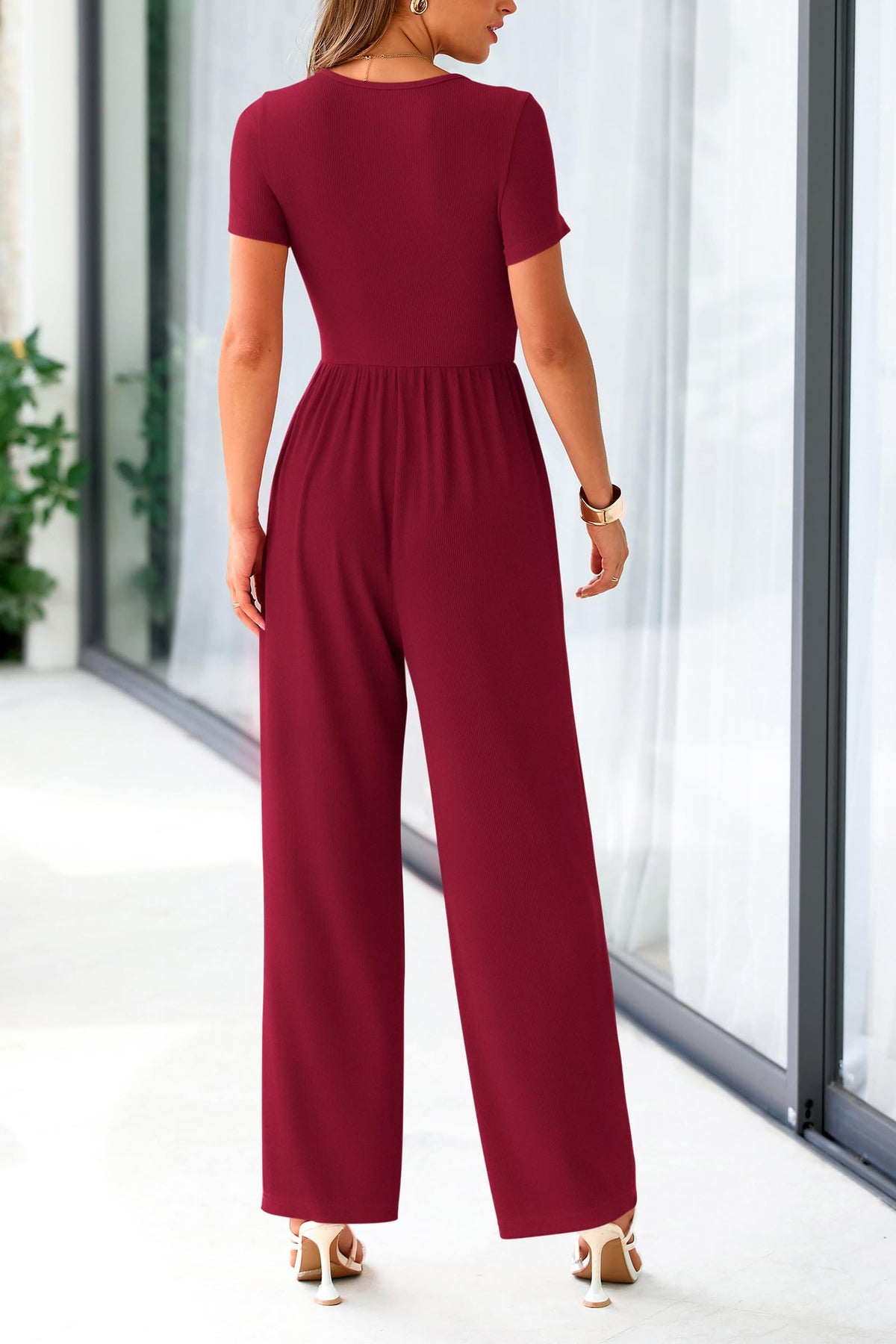 Summer One Piece Jumpsuits Dressy Casual Short Sleeve Square Neck Wide Leg Jumpsuit Rompers