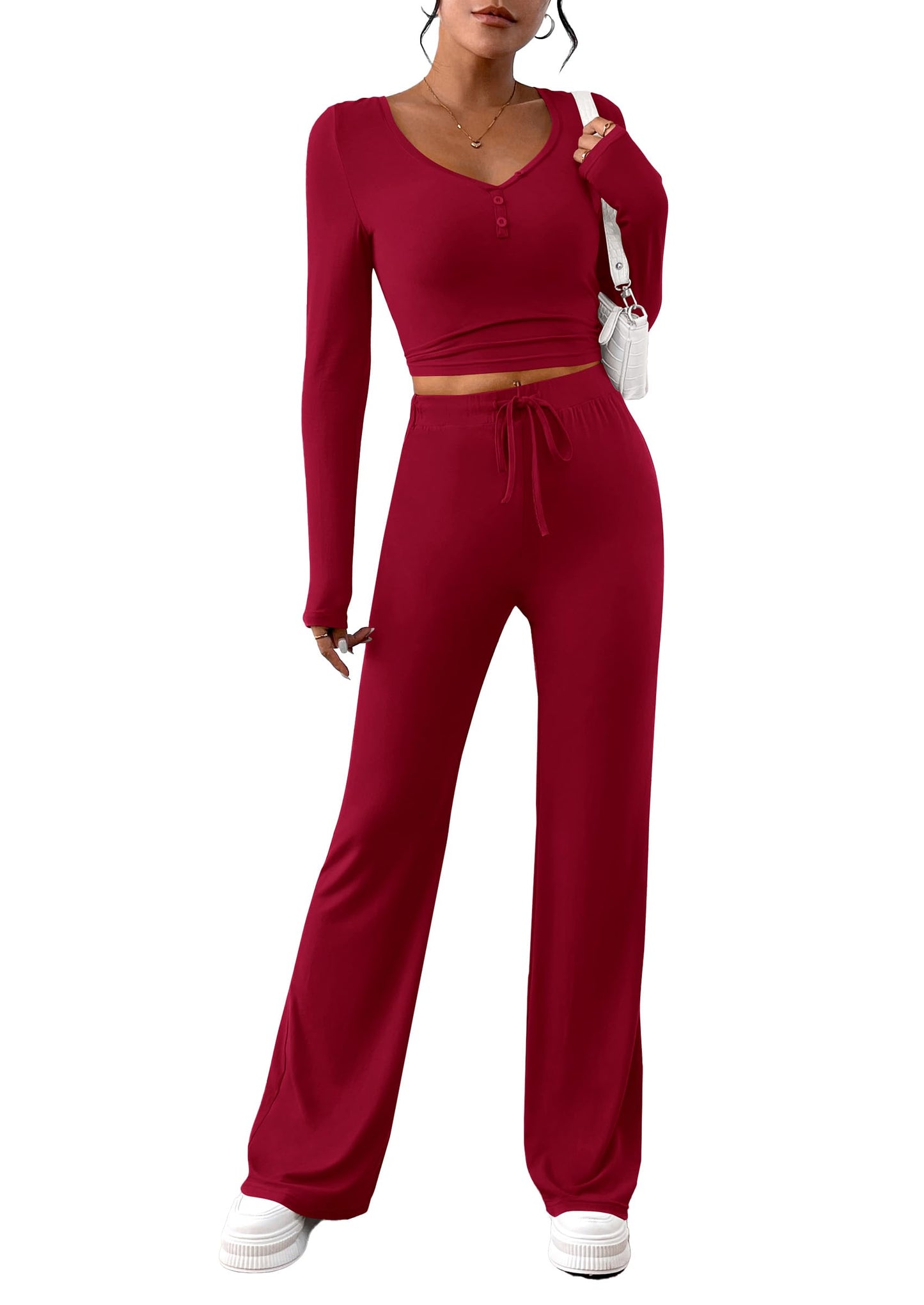 Two Piece Sets For Women Long Sleeve V Neck Crop Tops Flare Pants Lounge Set Casual Outfits