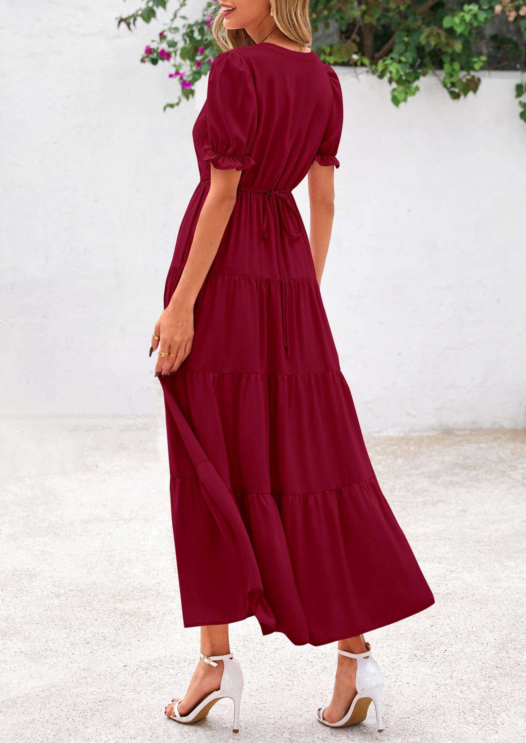 PRETTYGARDEN Women's Casual Short Sleeve V Neck Midi Dresses Spring A-line Tiered Wedding Guest Dress