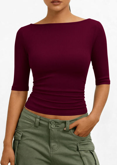 PRETTYGARDEN Womens Summer Short Sleeve Tops Boat Neck Ribbed Knit Slim Fit T Shirt Casual Basic Top Spring Clothes PRETTYGARDEN