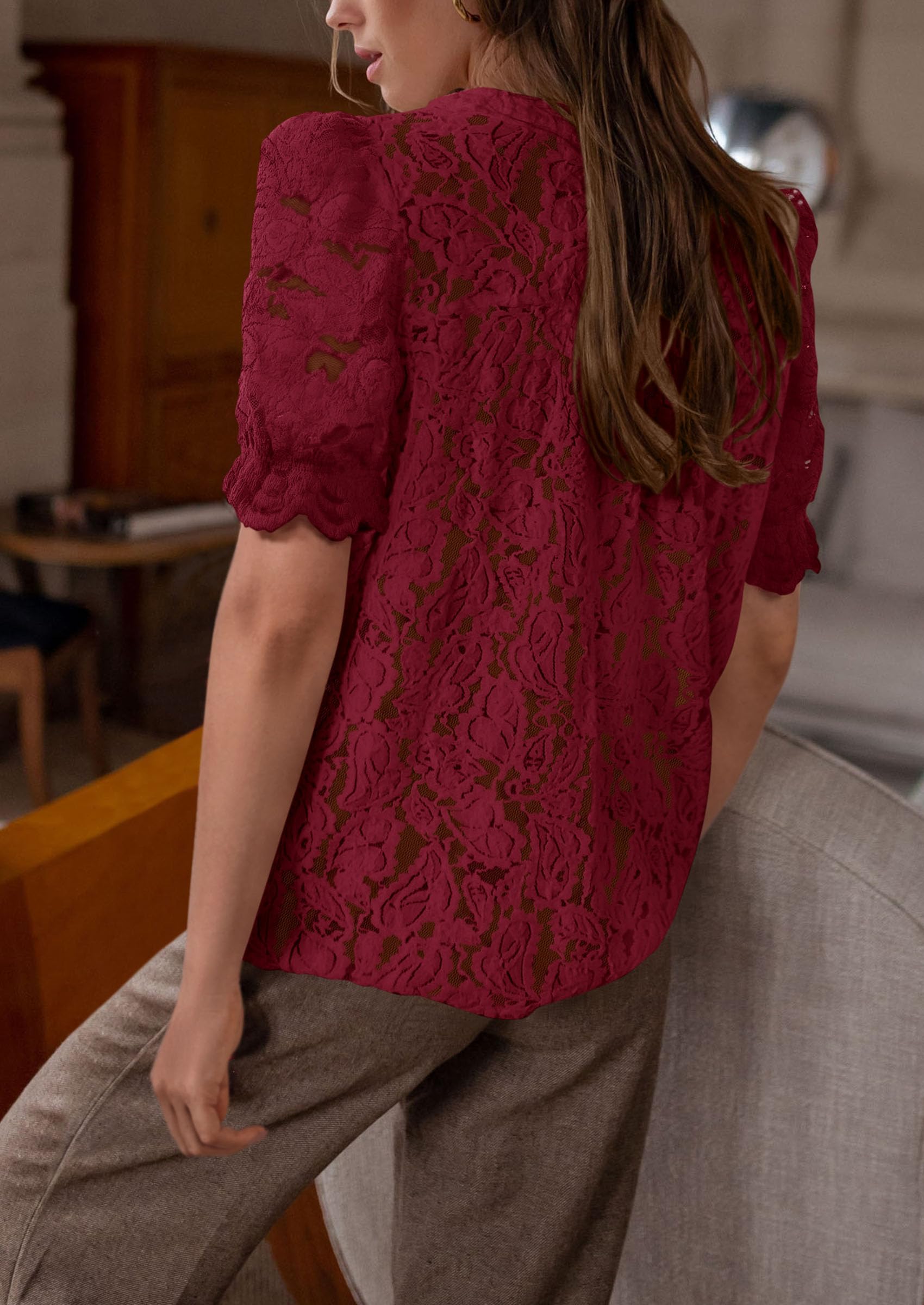 PRETTYGARDEN Womens Spring Lace Tops Short Puff Sleeve Casual Dressy Blouses Eyelet Crew Neck Button Down Shirts