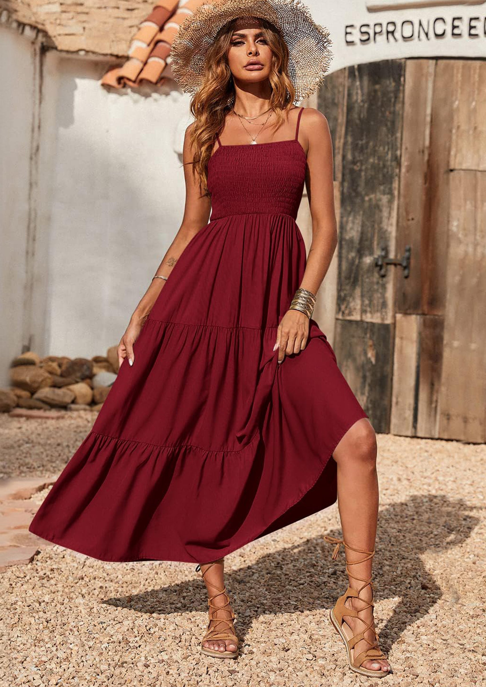 PRETTYGARDEN Women's Summer Maxi Dress Casual Boho Sleeveless Spaghetti Strap Smocked Tiered Long Beach Sundresses PRETTYGARDEN