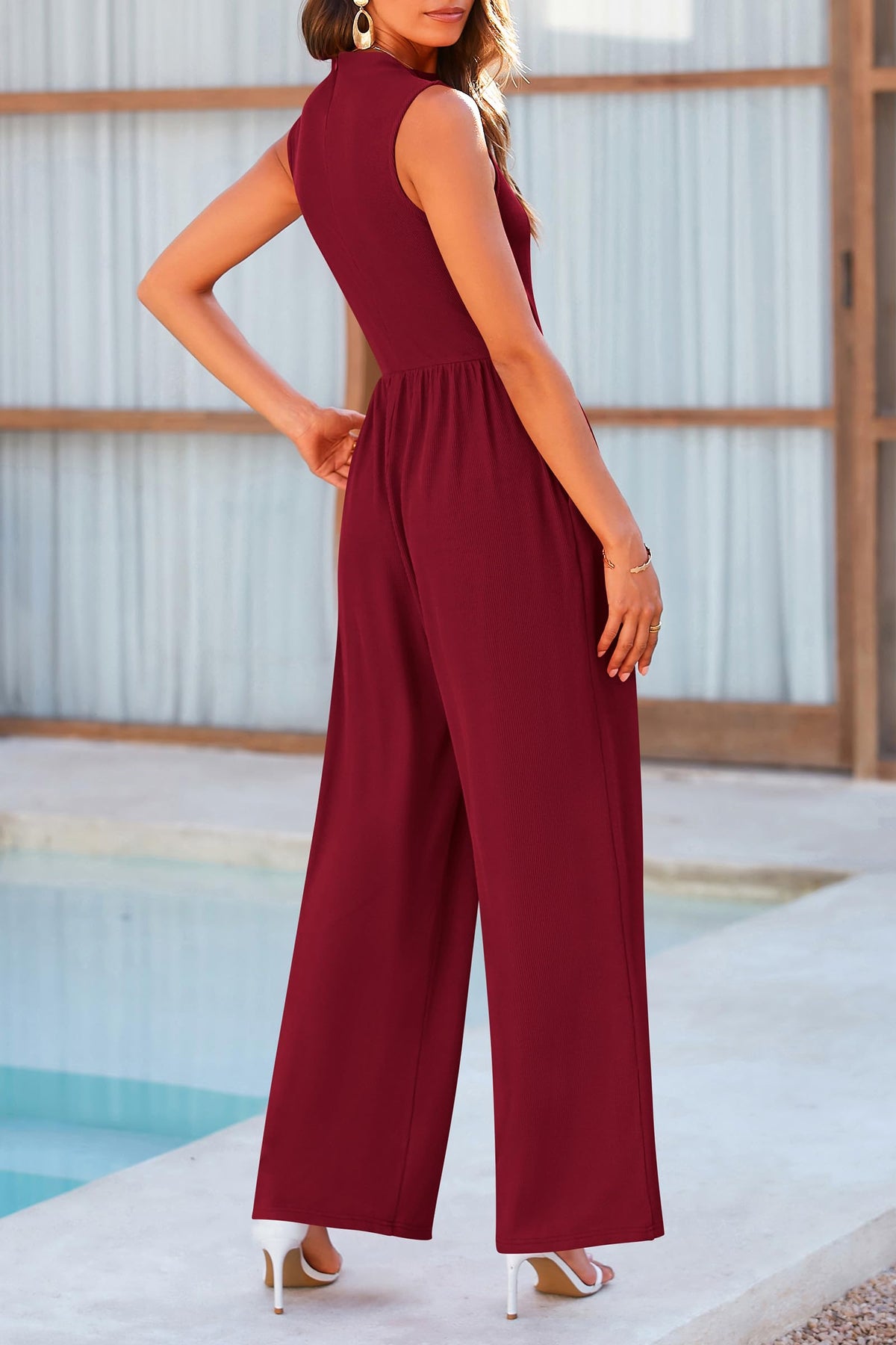 Sleeveless Mock Neck Wide Leg Jumpsuits With Pockets