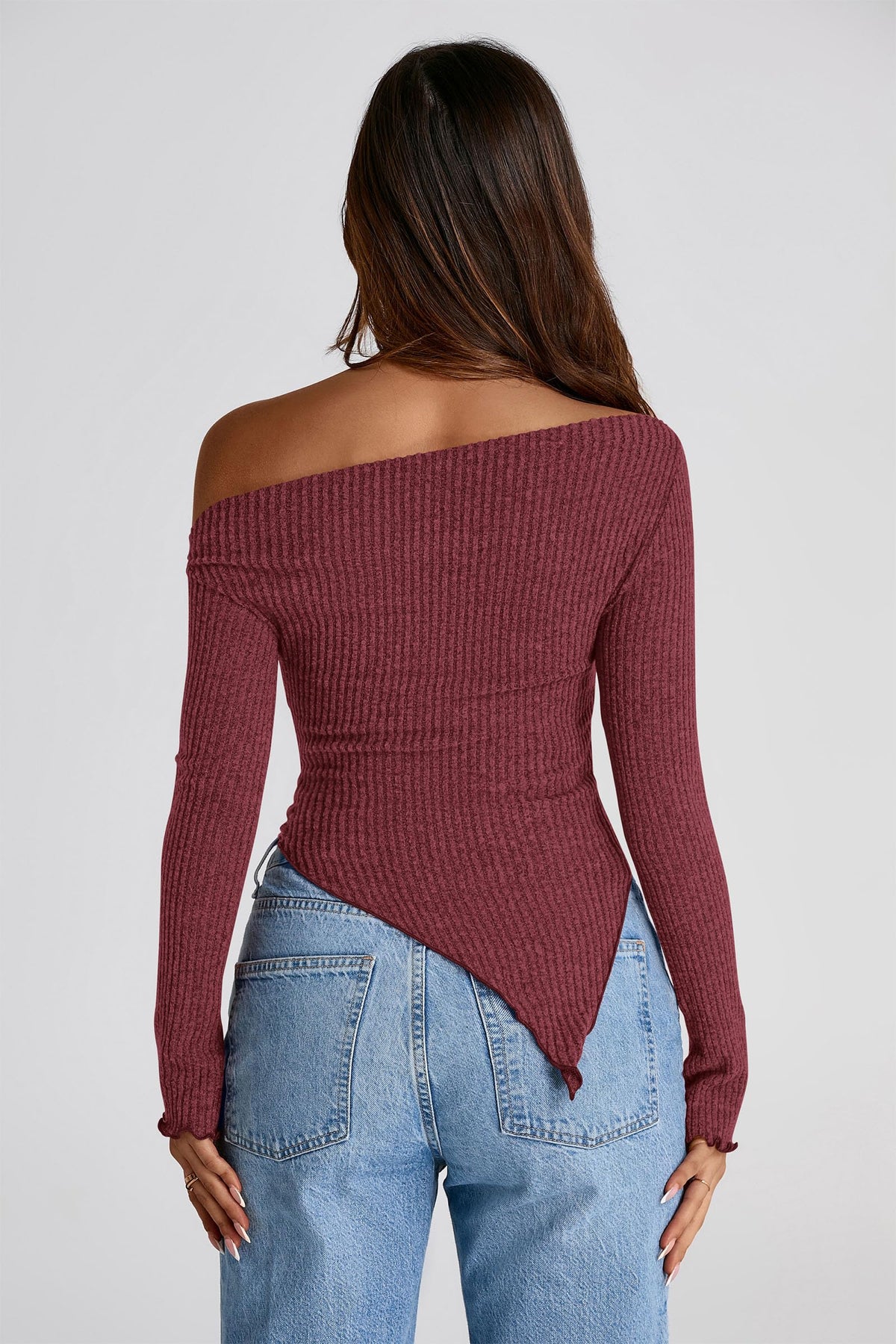 Long Sleeve Y2K Crop Top Trendy Off Shoulder Asymmetrical Fitted Knit Tee Shirts Going Out Tops