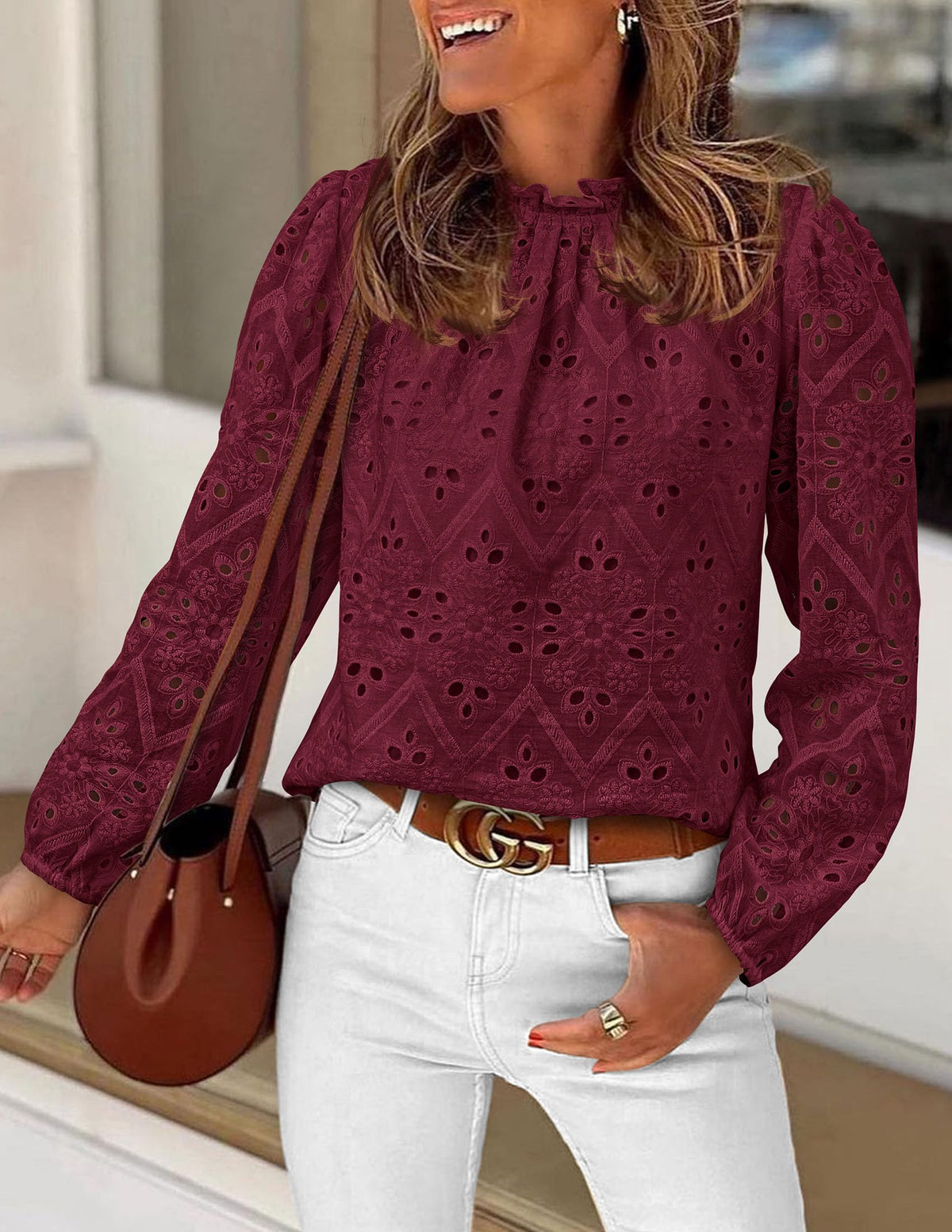 Womens Blouses Dressy Casual Embroidered Long Puff Sleeve Shirts Ruffle Eyelet Lace Top Fall Clothes