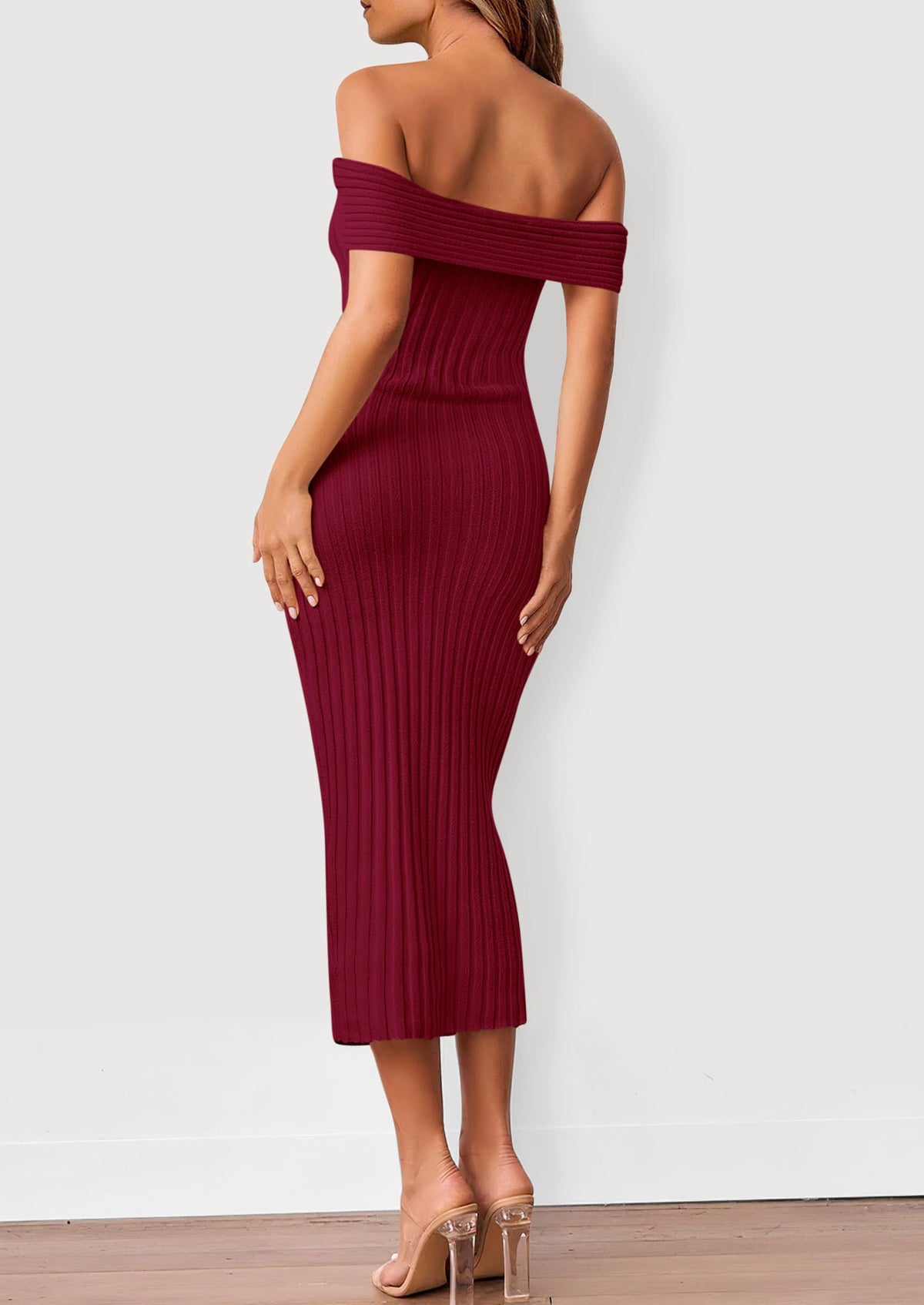 Women's Off The Shoulder Sweater Dresses 2025 Summer Elegant Ribbed Knit Midi Bodycon Wedding Guest Dress