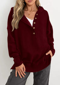 PRETTYGARDEN Womens Fashion Oversized Long Sleeve Hoodie Button Down V Neck Sweatshirt Side Slit Casual Pullover Tops