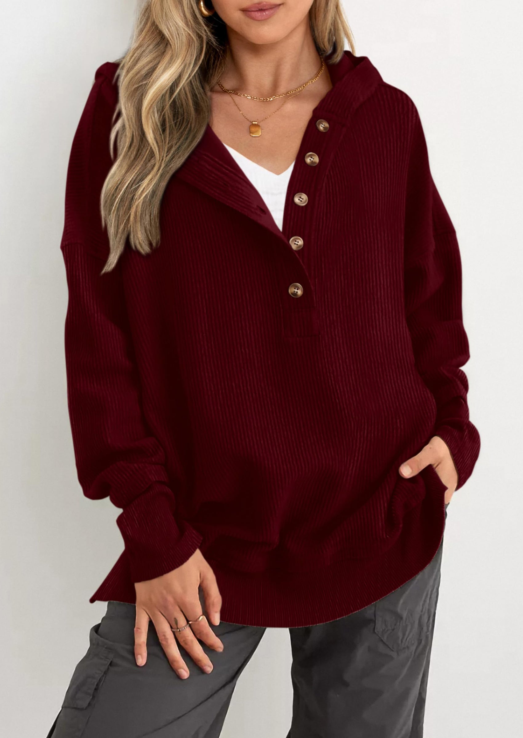 PRETTYGARDEN Womens Fashion Oversized Long Sleeve Hoodie Button Down V Neck Sweatshirt Side Slit Casual Pullover Tops