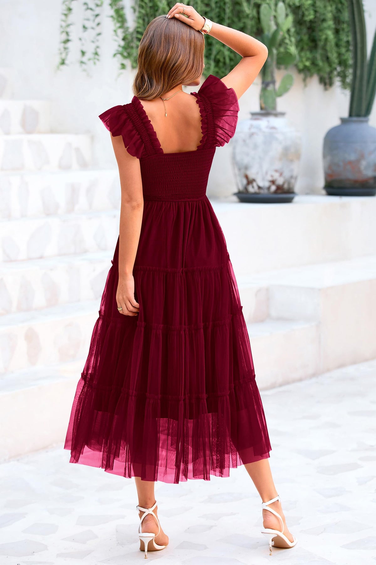 Summer Casual Sleeveless Smocked Ruffle Tulle Flowy Beach Sundress