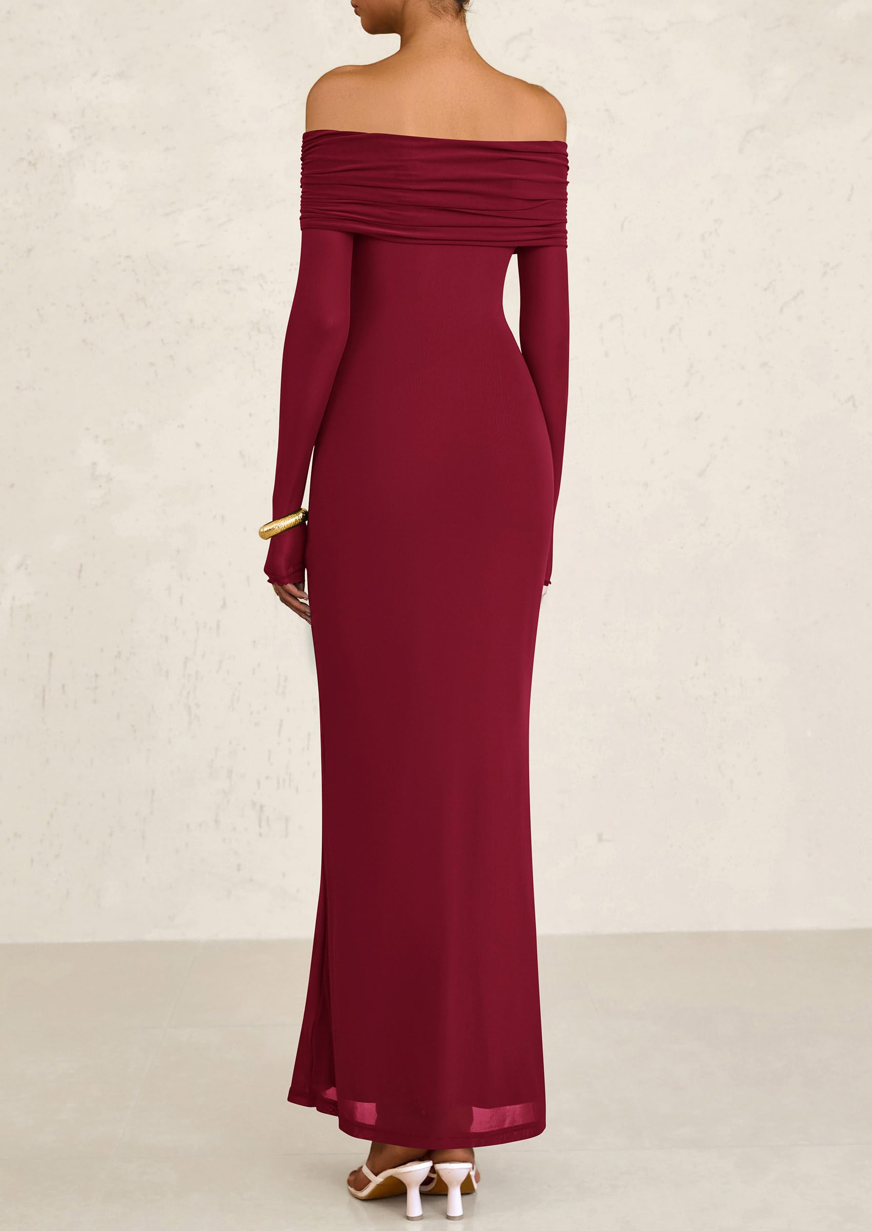 PRETTYGARDEN Off The Shoulder Dresses for Women Mesh Long Sleeve Baby Shower Formal Wedding Guest Dress