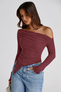 Long Sleeve Y2K Crop Top Trendy Off Shoulder Asymmetrical Fitted Knit Tee Shirts Going Out Tops