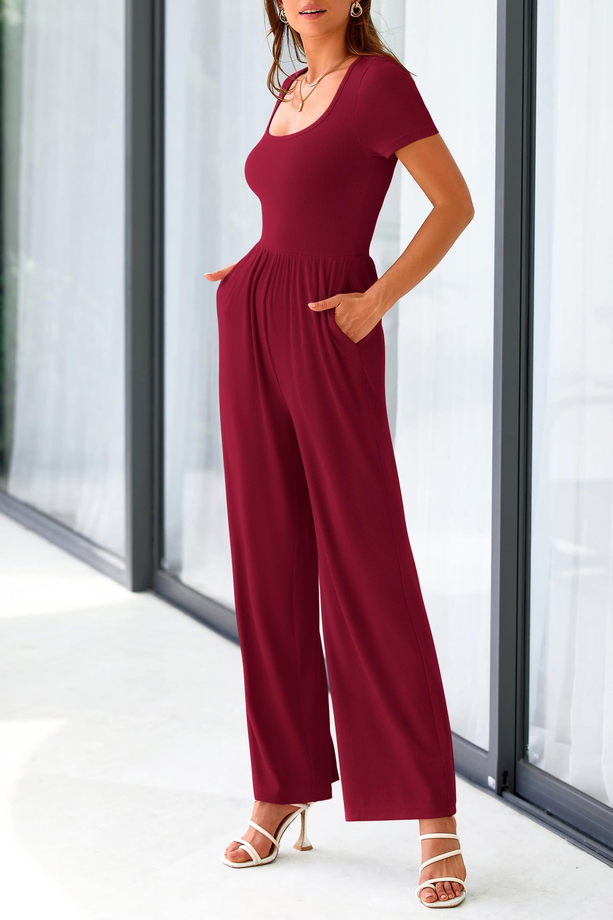 Summer One Piece Jumpsuits Dressy Casual Short Sleeve Square Neck Wide Leg Jumpsuit Rompers