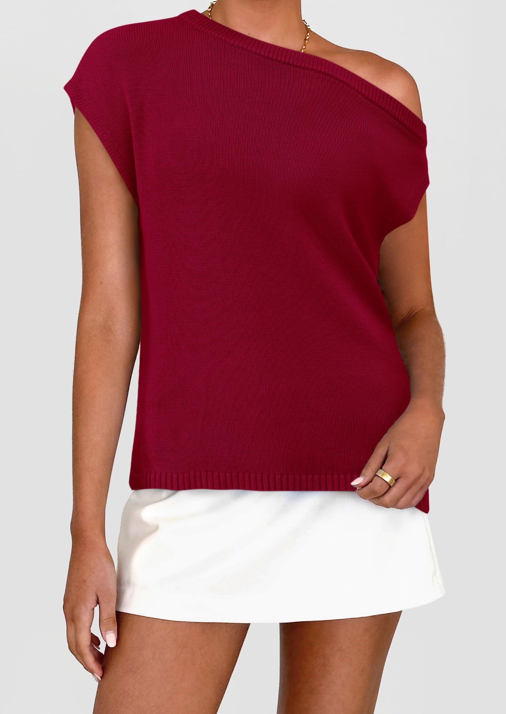 PRETTYGARDEN Womens Off The Shoulder Tops Summer Casual Short Sleeve Tunic T Shirts Lightweight Knit Sweaters