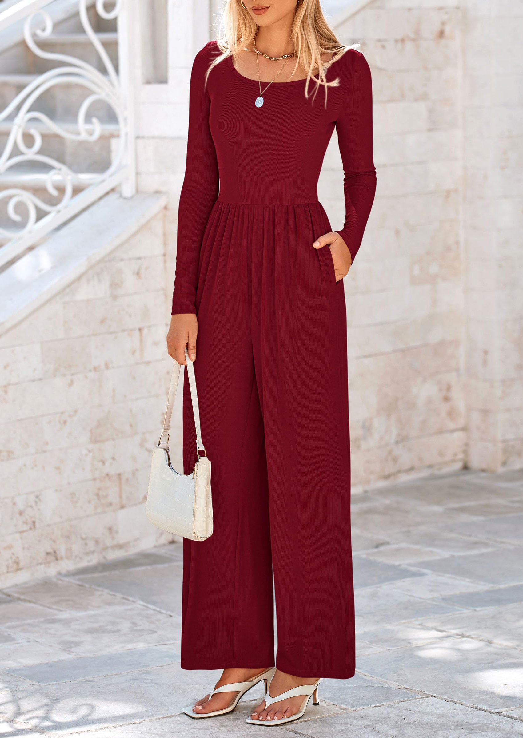 PRETTYGARDEN Fashion Jumpsuits Dressy Casual Long Sleeve Wide Leg Ribbed Knit Rompers