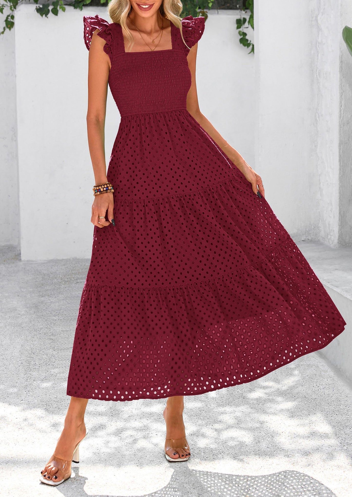 Womens Summer Square Neck Maxi Dresses Cap Sleeve Eyelet Smocked Tiered A Line Flowy Long Dress with Pockets