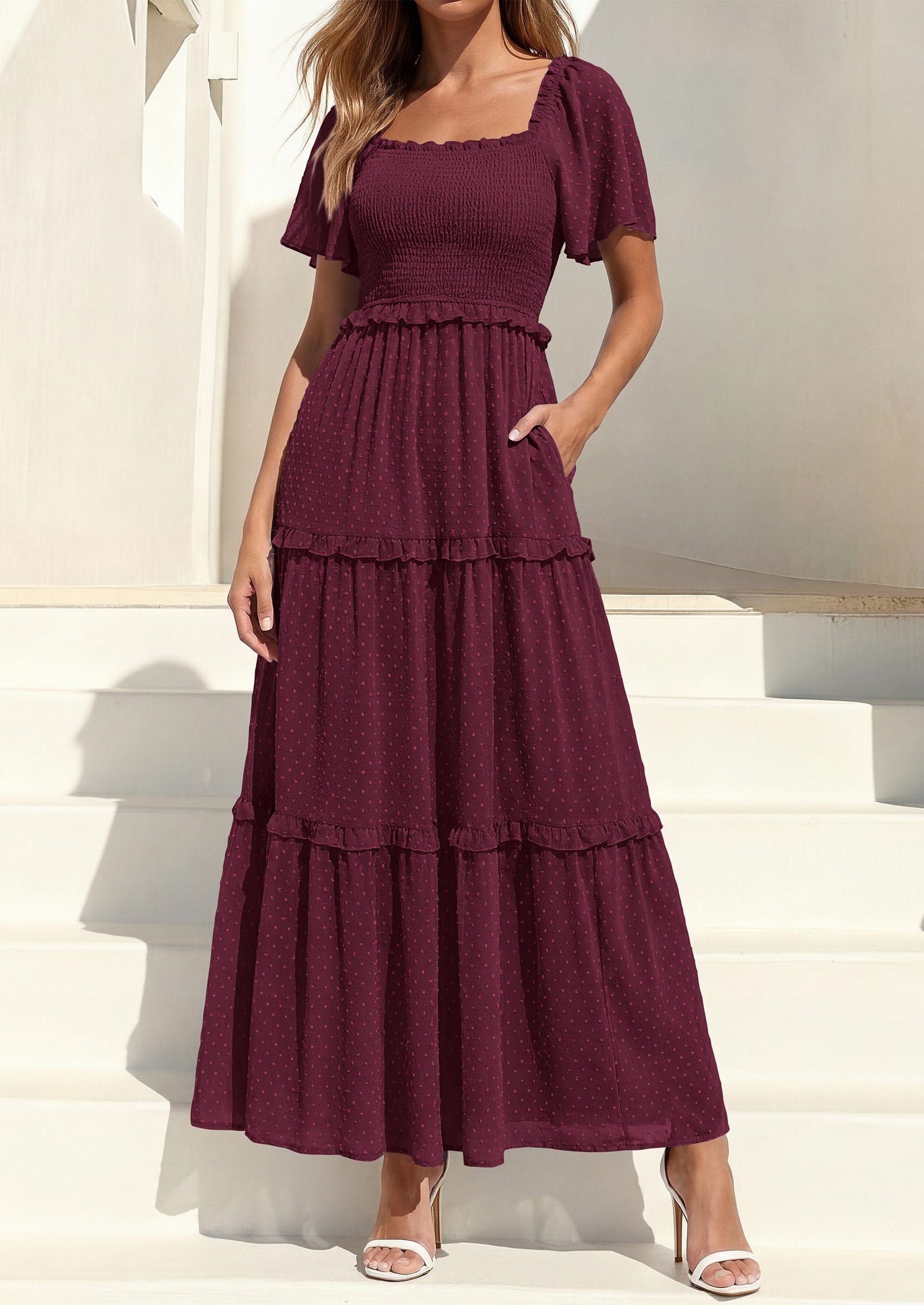 PRETTYGARDEN Summer Dresses for Women Boho Swiss Dot Smocked Square Neck Short Sleeve Spring Wedding Guest Maxi Dress PRETTYGARDEN