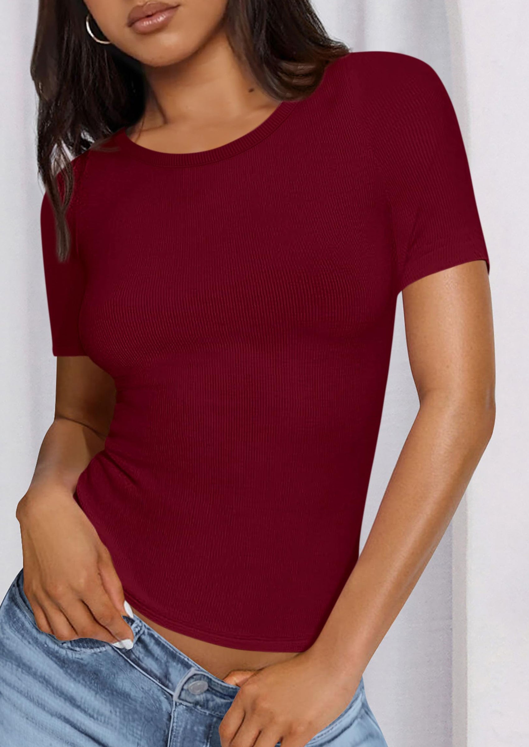 PRETTYGARDEN Women Summer Crew Neck Short Sleeve Tops Ribbed Knit Slim Fit Fashion Basic Tee Shirts Casual Going Out Top PRETTYGARDEN