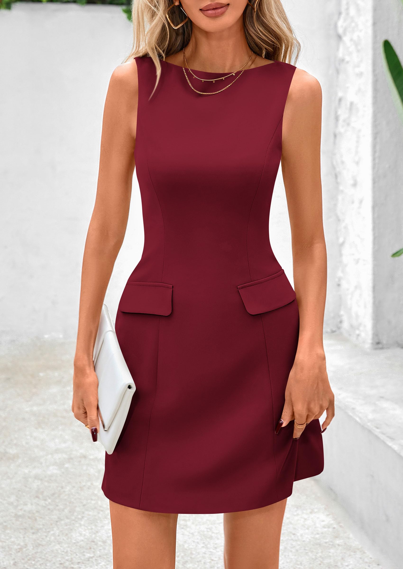 PRETTYGARDEN Womens Formal Sleeveless Summer Dresses Boat Neck Bodycon Elegant A Line Business Work Mini Dresss