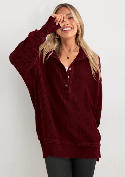 PRETTYGARDEN Womens Fashion Oversized Long Sleeve Hoodie Button Down V Neck Sweatshirt Side Slit Casual Pullover Tops