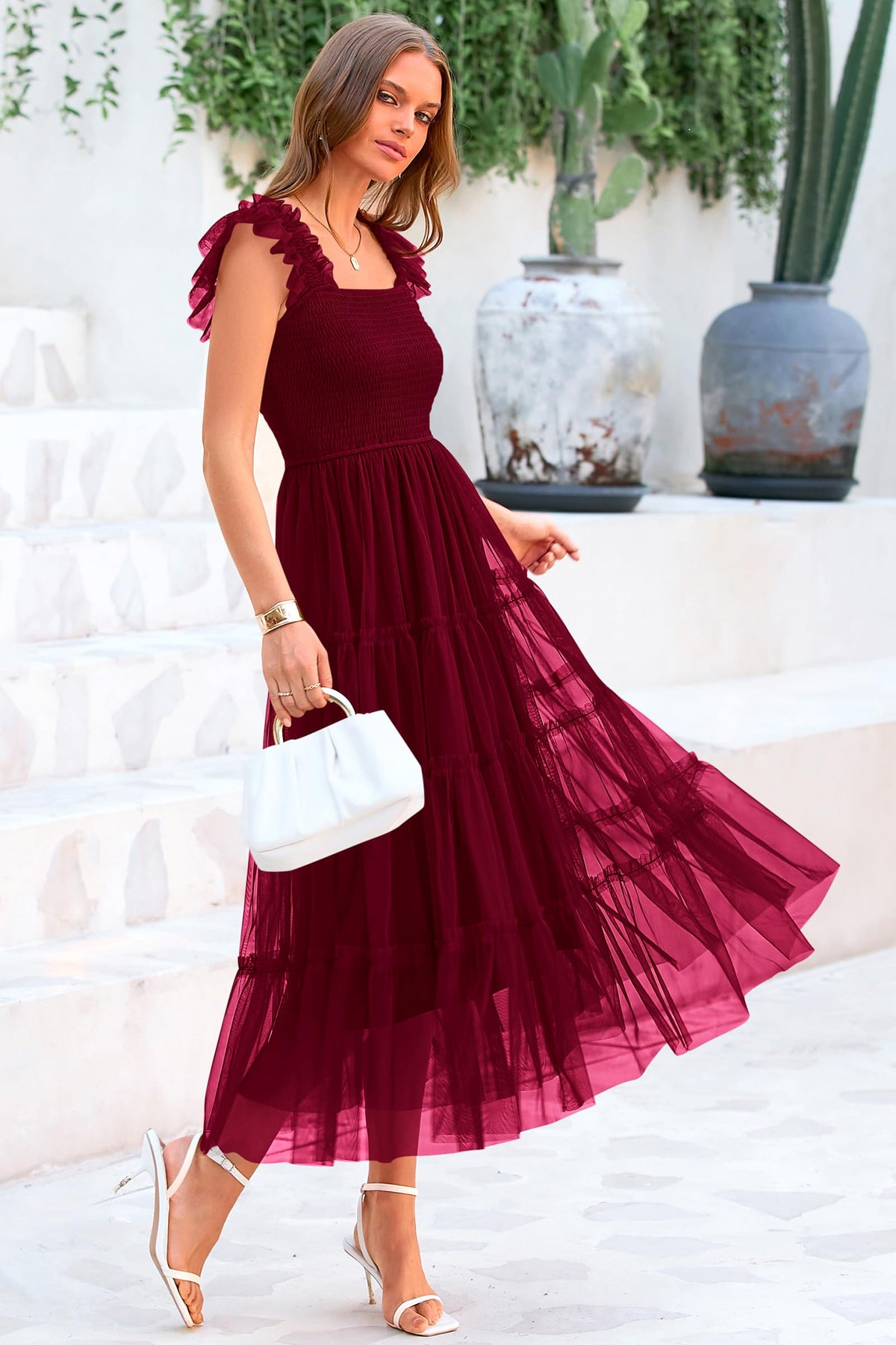 Summer Casual Sleeveless Smocked Ruffle Tulle Flowy Beach Sundress