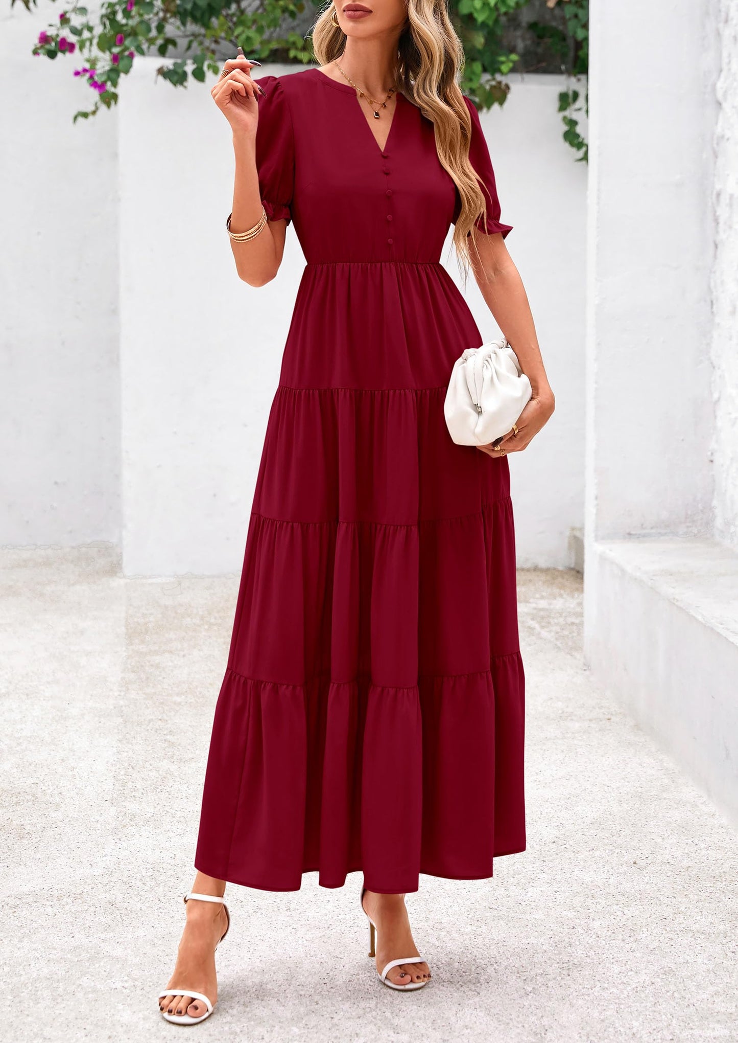 Women's Casual Summer Midi Dress 2025 Spring Short Sleeve V Neck Tiered Flowy Beach Vacation Dress with Pockets