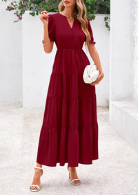 Women's Casual Summer Maxi Dress 2025 Spring Short Sleeve V Neck Tiered Flowy Beach Vacation Dress with Pockets