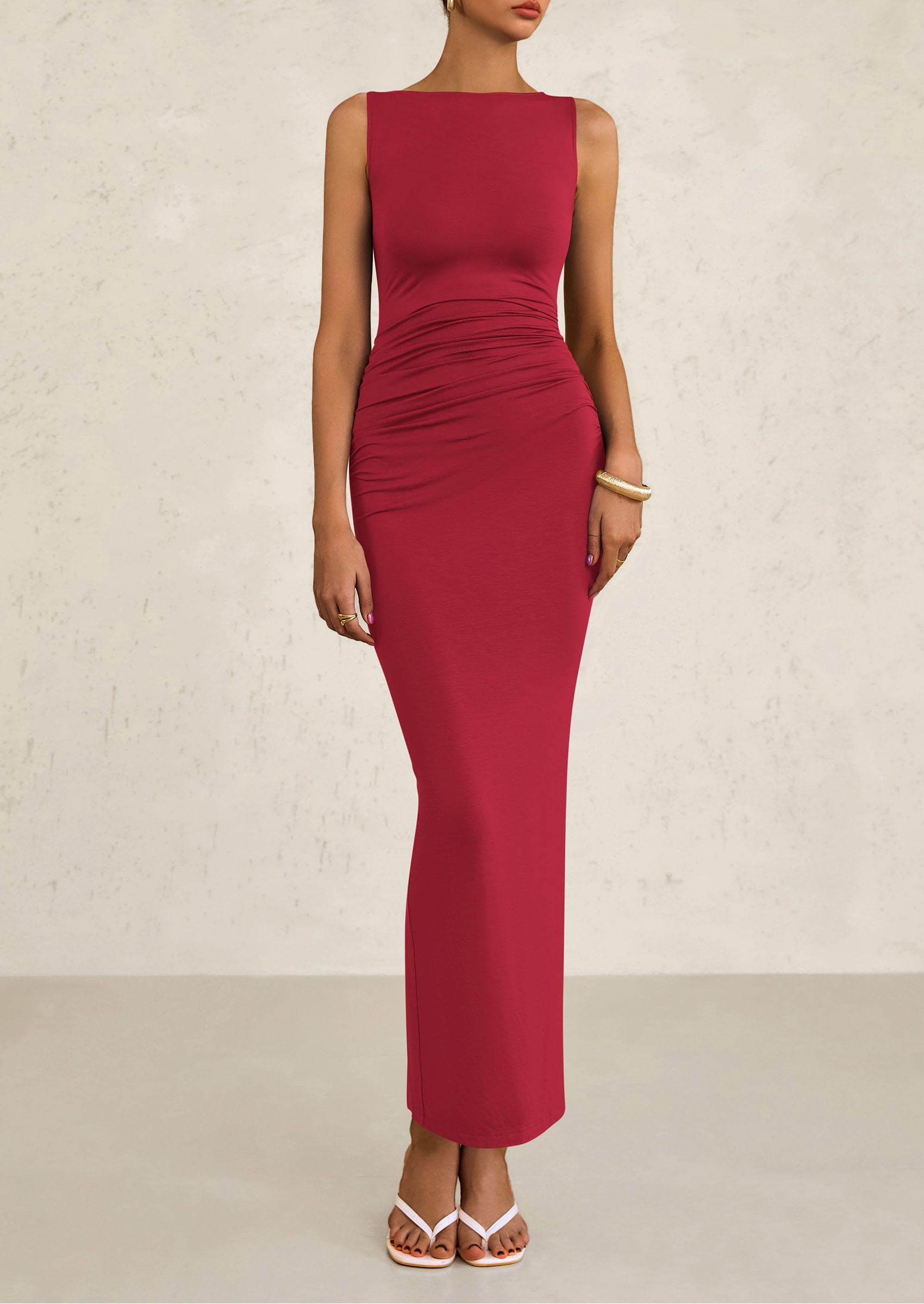 PRETTYGARDEN Women's Semi Formal Midi Dresses Sleeveless Ruched Bodycon Long Elegant Cocktail Wedding Guest Dress