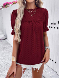 Summer Tops Casual Crewneck Ruffle Short Sleeve Eyelet Babydoll Blouse Shirts