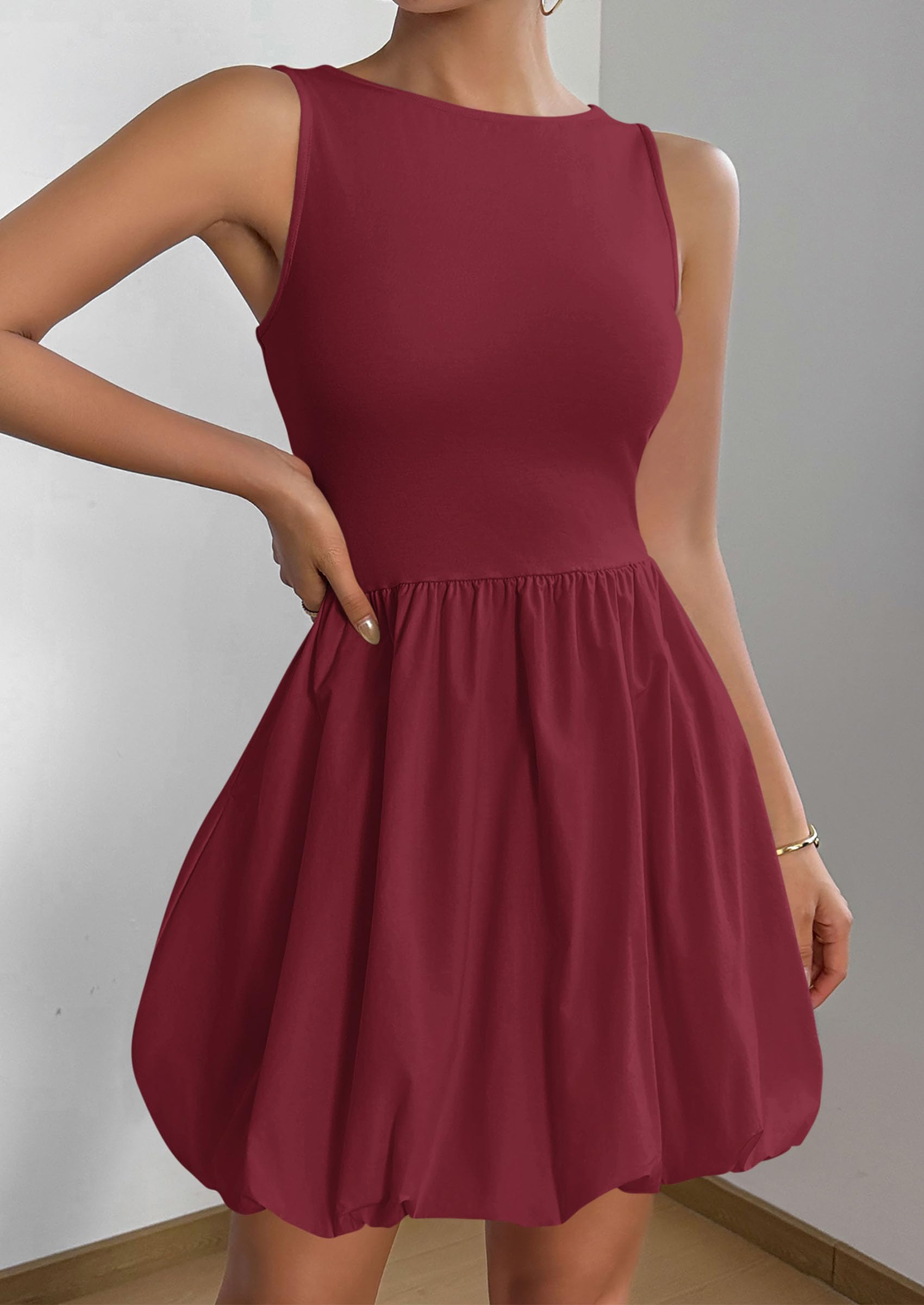 PRETTYGARDEN Summer Dresses for Women Casual Sleeveless Tank Mini Short Dress Crew Neck Bubble Sundress with Pockets