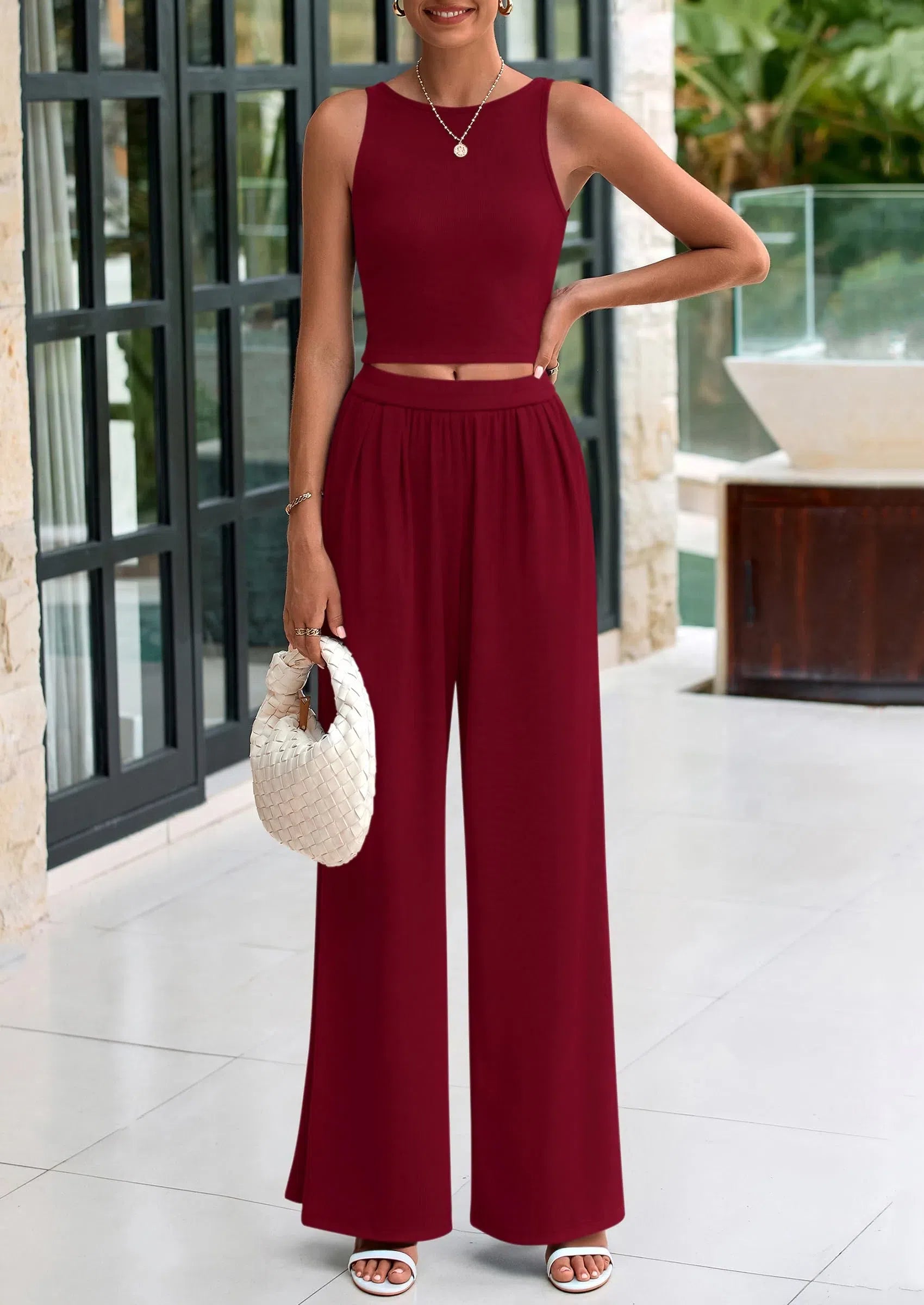 PRETTYGARDEN Two Piece Sets Ribbed Knit Crew Neck Sleeveless Tank Tops Wide Leg Pants Casual Lounge Set