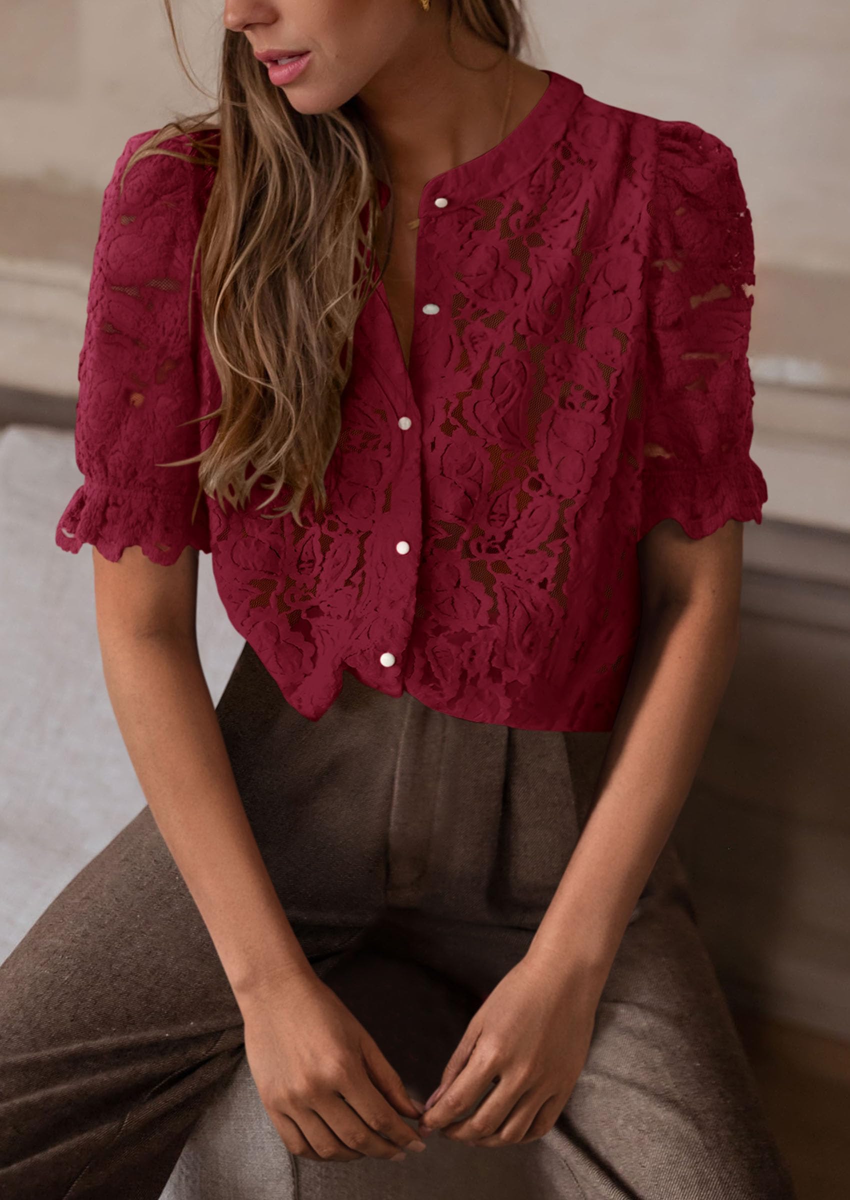 PRETTYGARDEN Womens Spring Lace Tops Short Puff Sleeve Casual Dressy Blouses Eyelet Crew Neck Button Down Shirts