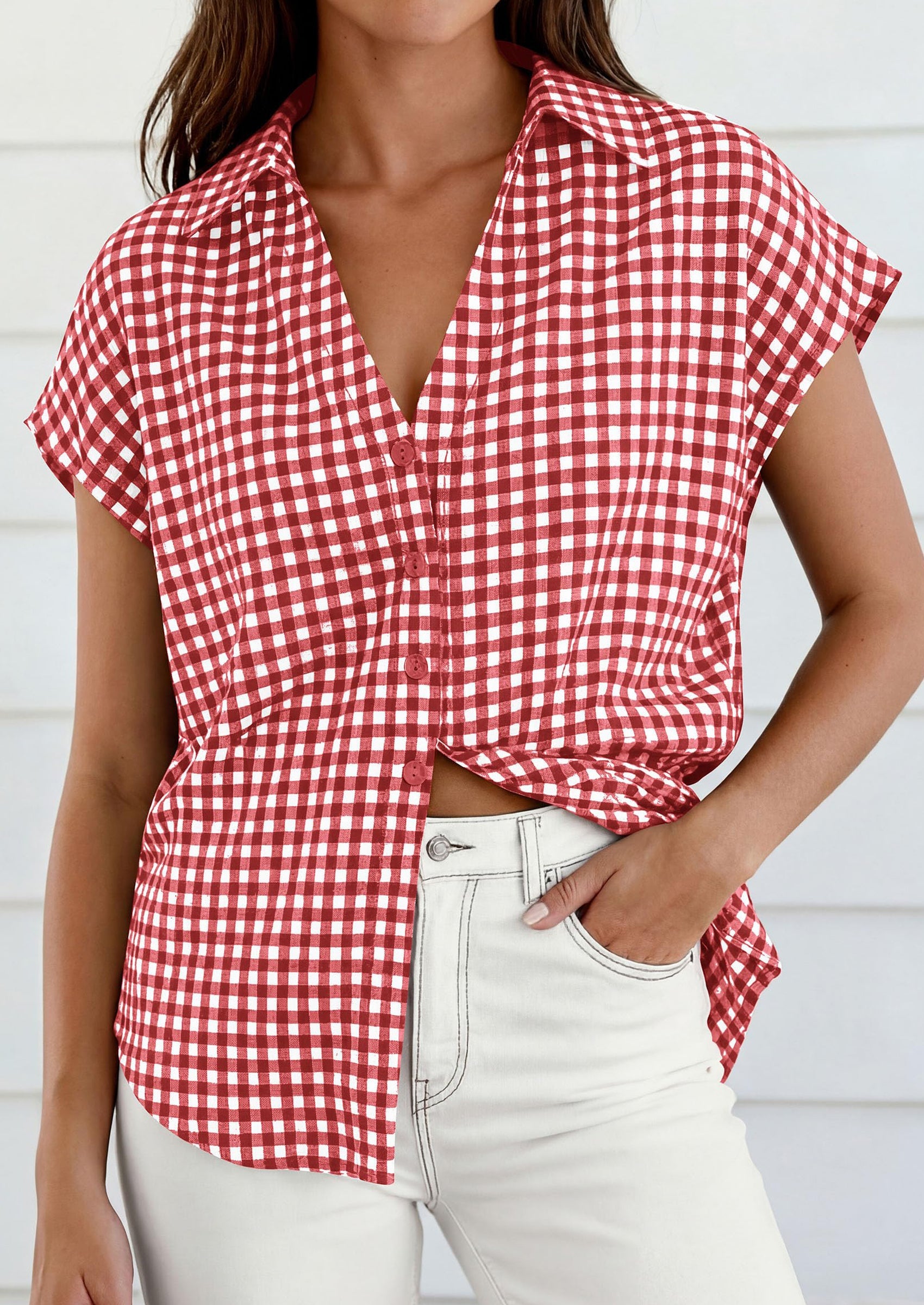 PRETTYGARDEN Womens Button Dwon Shirts V Neck Short Cap Sleeve Collared Plaid Tops Summer Spring Casual Blouses Clothes PRETTYGARDEN