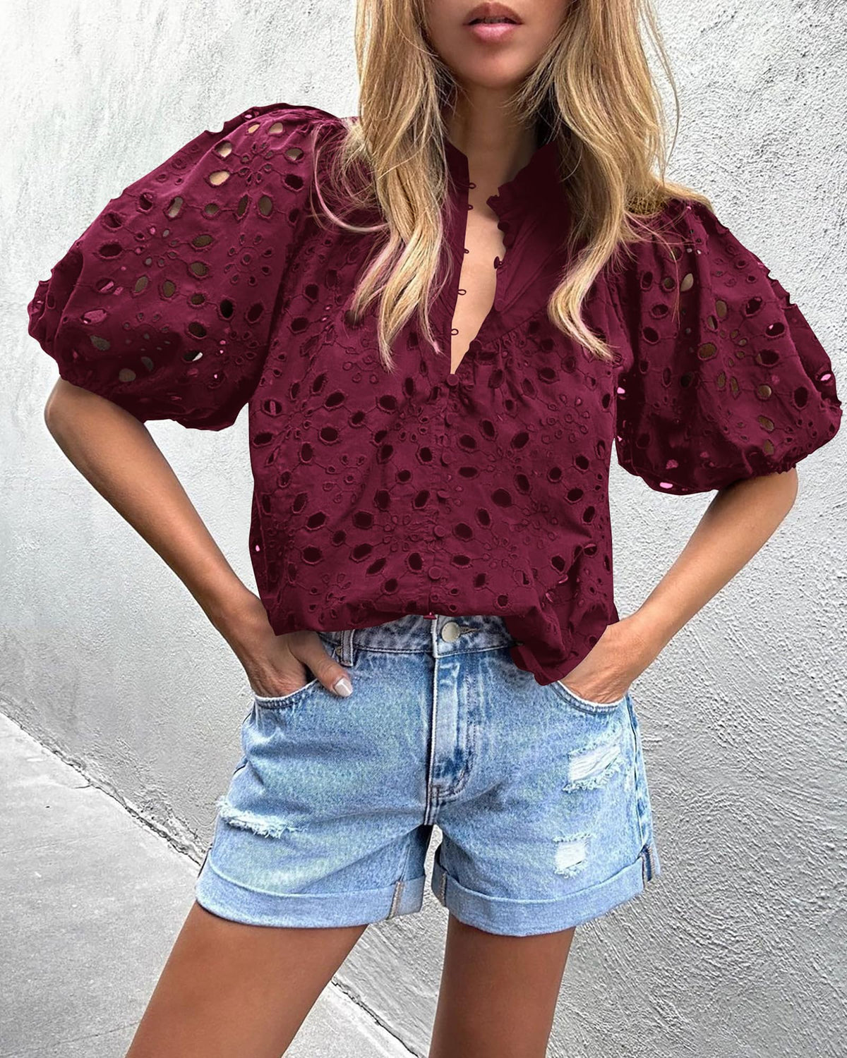 Hollow Out Lace Embroidered Blouse