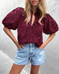 Casual Short Lantern Sleeve V Neck Buttons Hollow Out Lace Embroidered Blouses