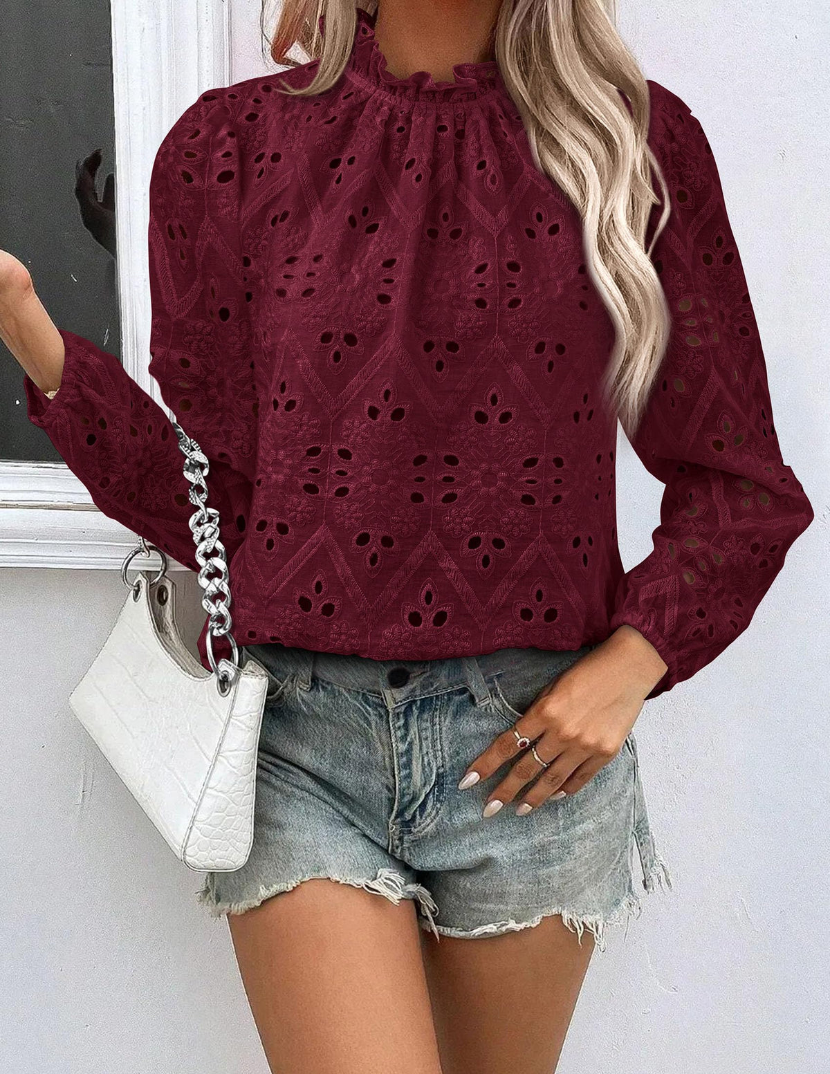 Womens Blouses Dressy Casual Embroidered Long Puff Sleeve Shirts Ruffle Eyelet Lace Top Fall Clothes