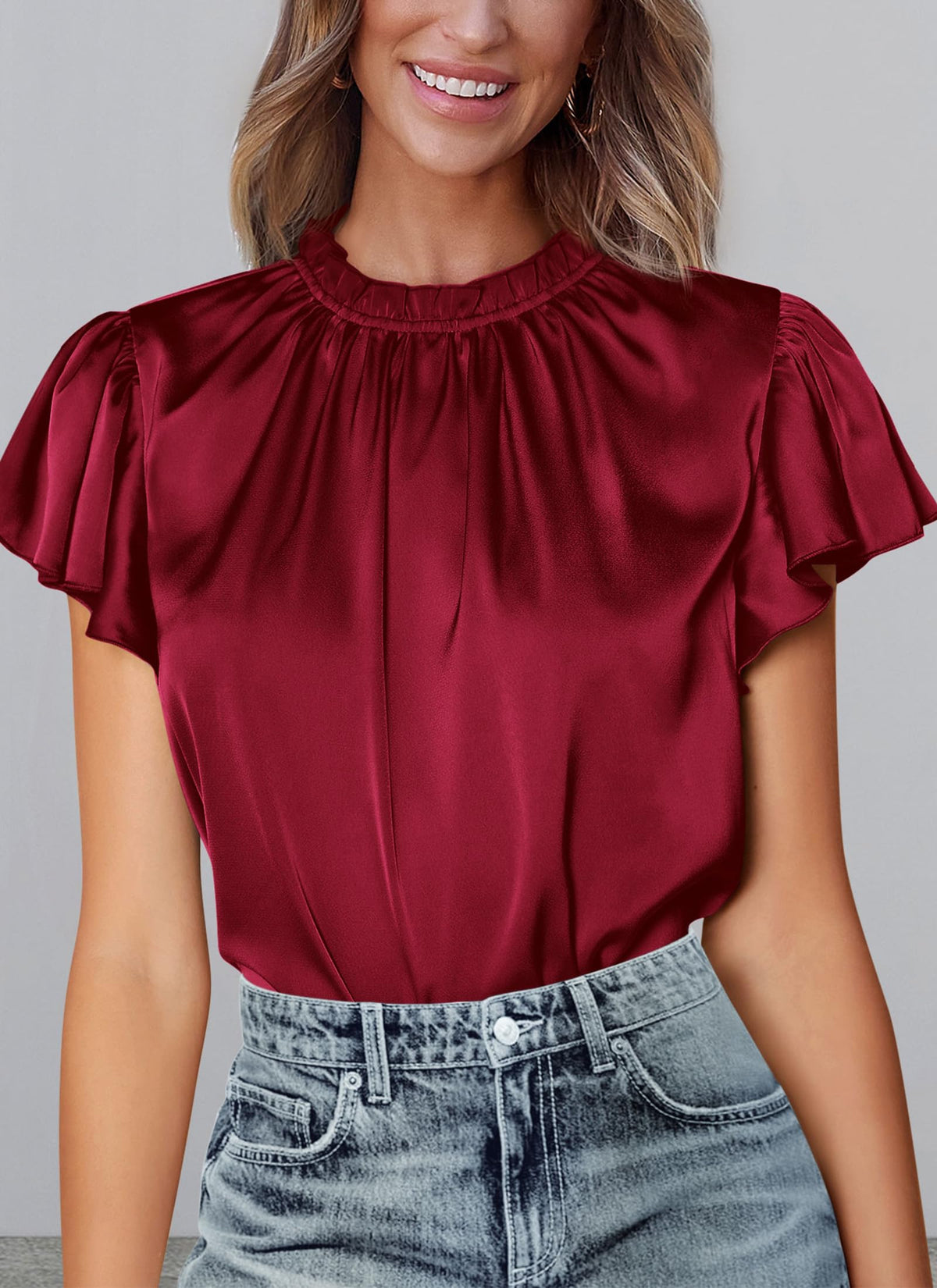 Summer Satin Blouse Shirt Dressy Casual Ruffle Short Sleeve Crewneck Work Party Tops