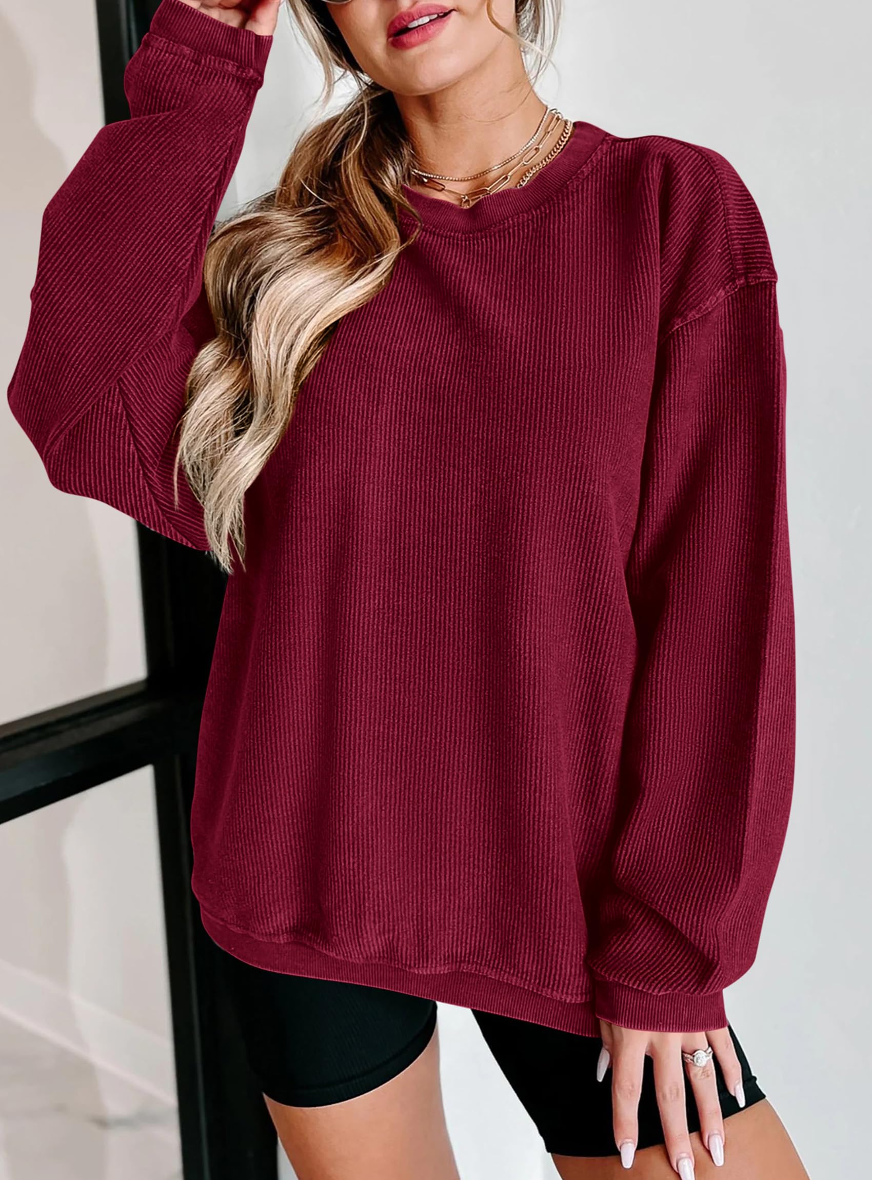 PRETTYGARDEN Women's Oversized Sweatshirt 2025 Fall Fashion Clothes Ribbed Corduroy Long Sleeve Going Out Pullover Tops