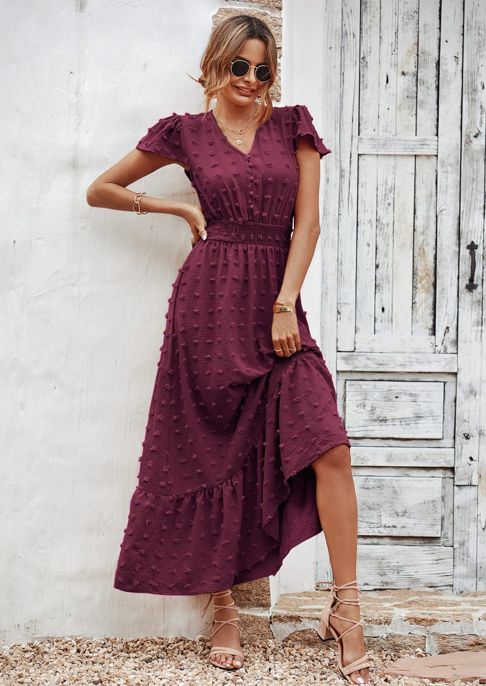 PRETTYGARDEN Womens Dresses Summer Maxi Dress Boho Short Sleeve V Neck Swiss Dot Ruffle Tiered Smocked Flowy Long Dress PRETTYGARDEN