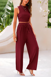 2 Piece Outfits Ribbed Knit Lounge Sets Tracksuit Sleeveless Crop Tank Tops Wide Leg Casual Pants