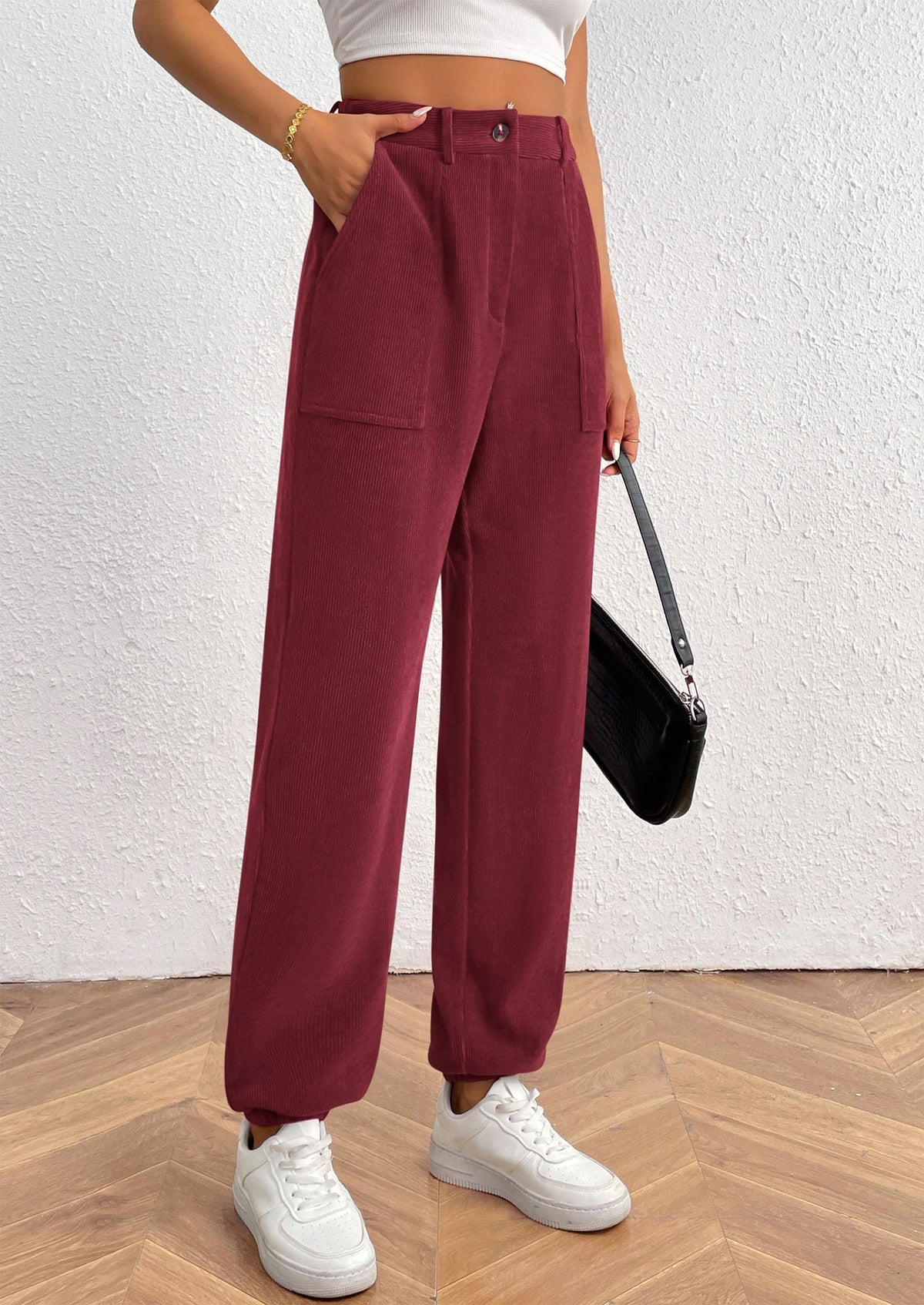 Women's Dressy Casual Pants Elastic High Waisted Work Office Corduroy Trouser Slacks with Pockets