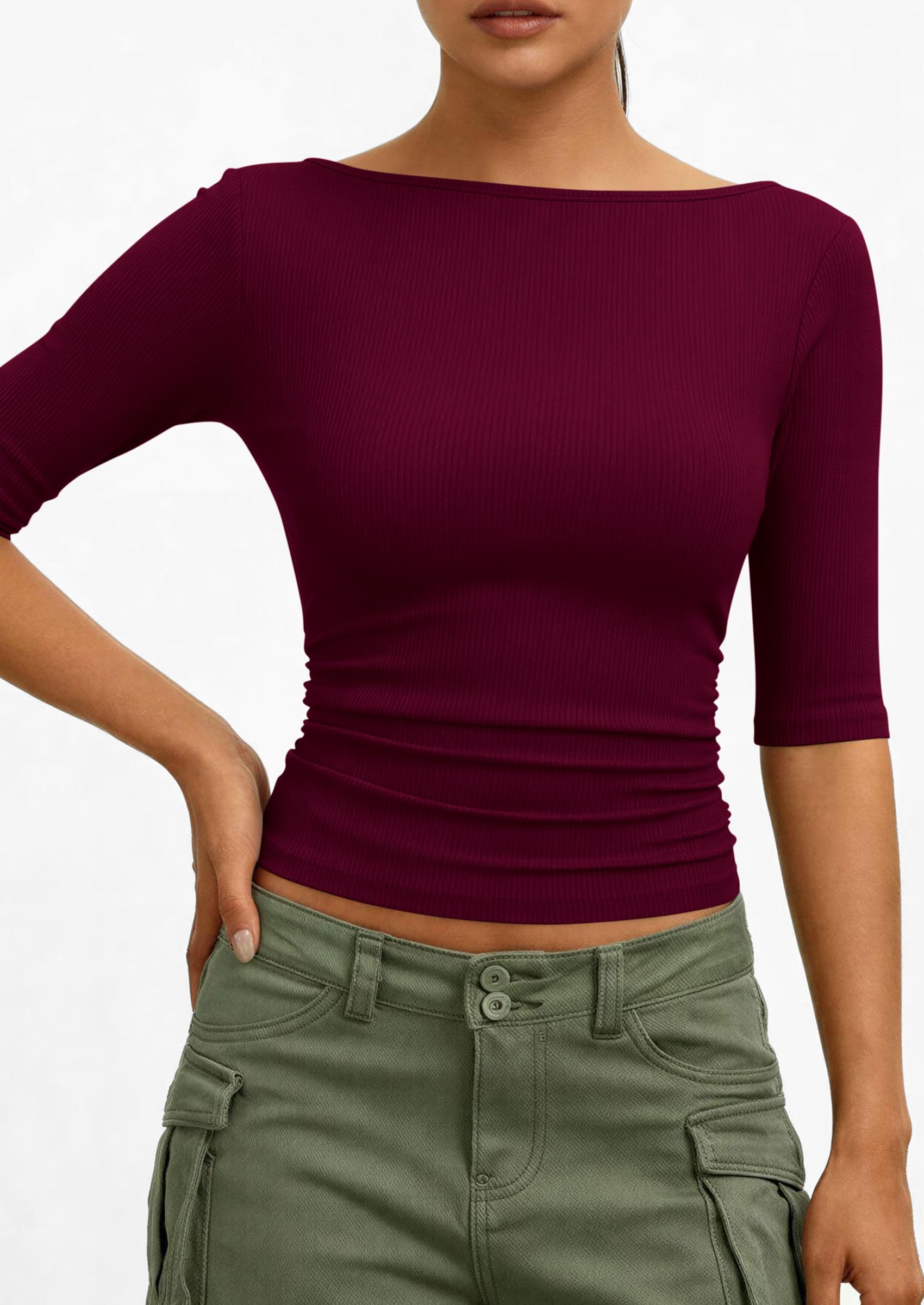 PRETTYGARDEN Womens Summer Short Sleeve Tops Boat Neck Ribbed Knit Slim Fit T Shirt Casual Basic Top Spring Clothes PRETTYGARDEN