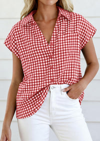 PRETTYGARDEN Womens Button Dwon Shirts V Neck Short Cap Sleeve Collared Plaid Tops Summer Spring Casual Blouses Clothes PRETTYGARDEN