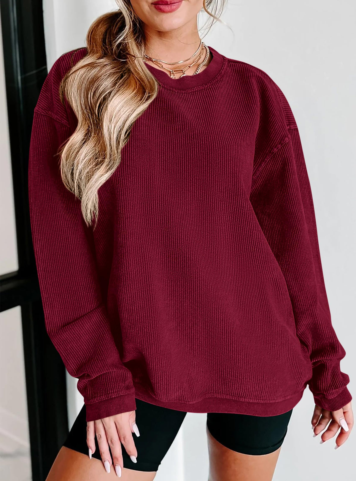 Women's Fall Oversized Sweatshirt Ribbed Corduroy Crewneck Long Sleeve Loose Fit Casual Going Out Pullover Tops