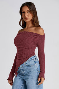 Long Sleeve Y2K Crop Top Trendy Off Shoulder Asymmetrical Fitted Knit Tee Shirts Going Out Tops