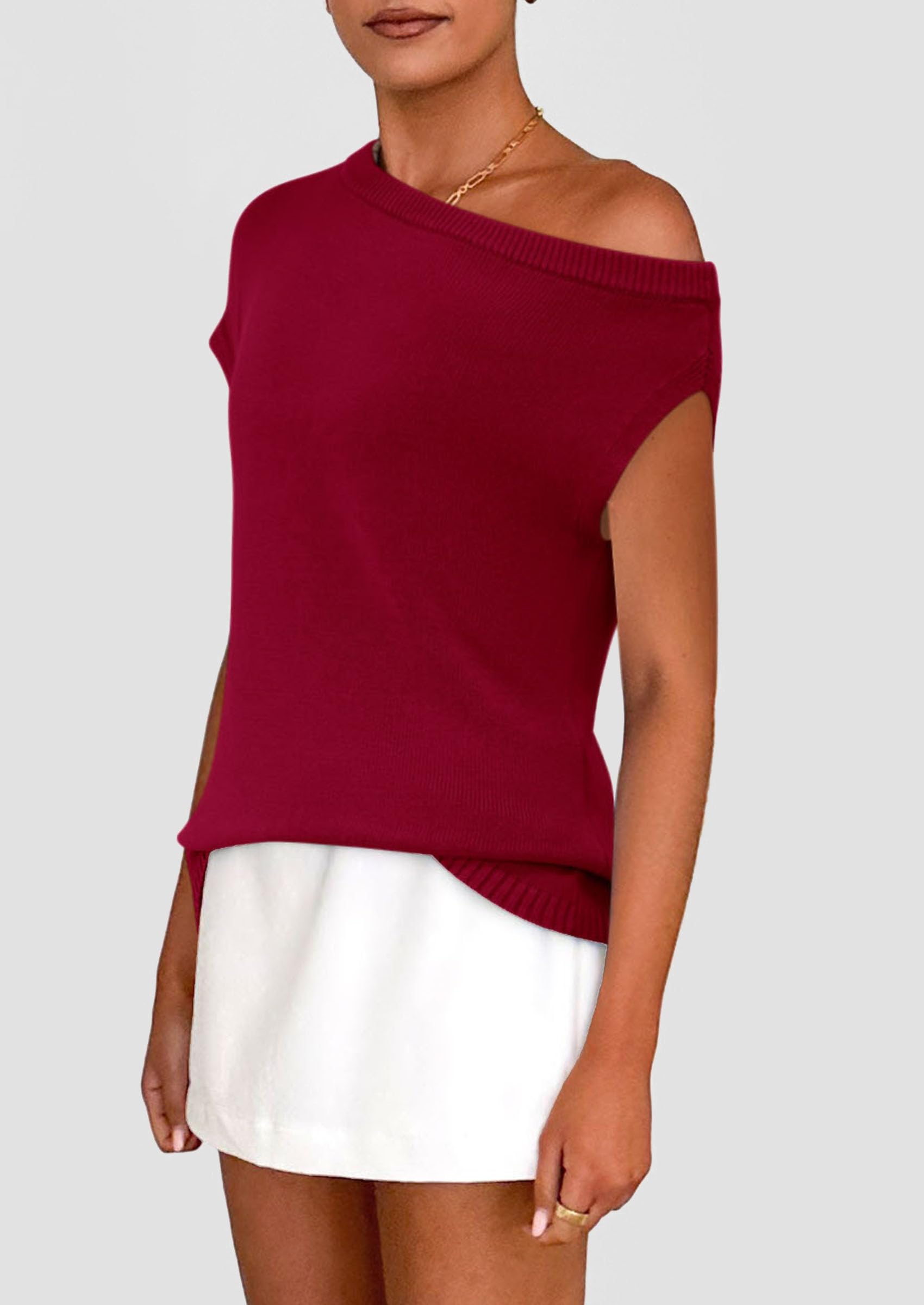 PRETTYGARDEN Womens Off The Shoulder Tops Summer Casual Short Sleeve Tunic T Shirts Lightweight Knit Sweaters