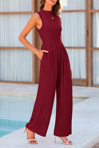 Summer One Piece Sleeveless Mock Neck Wide Leg Pants Rompers With Pockets