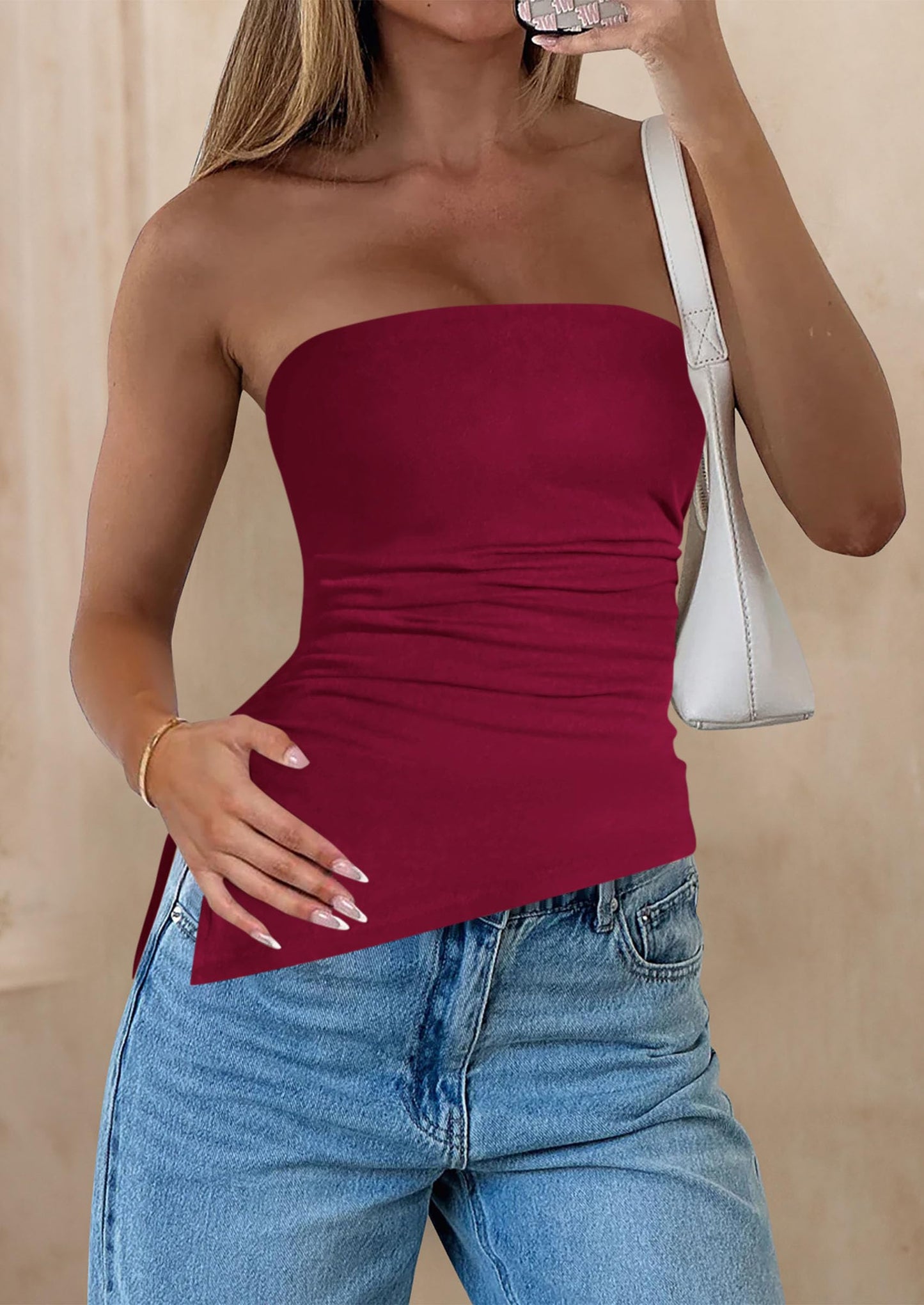 Womens Tube Top 2025 Summer Trendy Strapless Tops Going Out Outfits Ruched Asymmetrical Bandeau Shirts