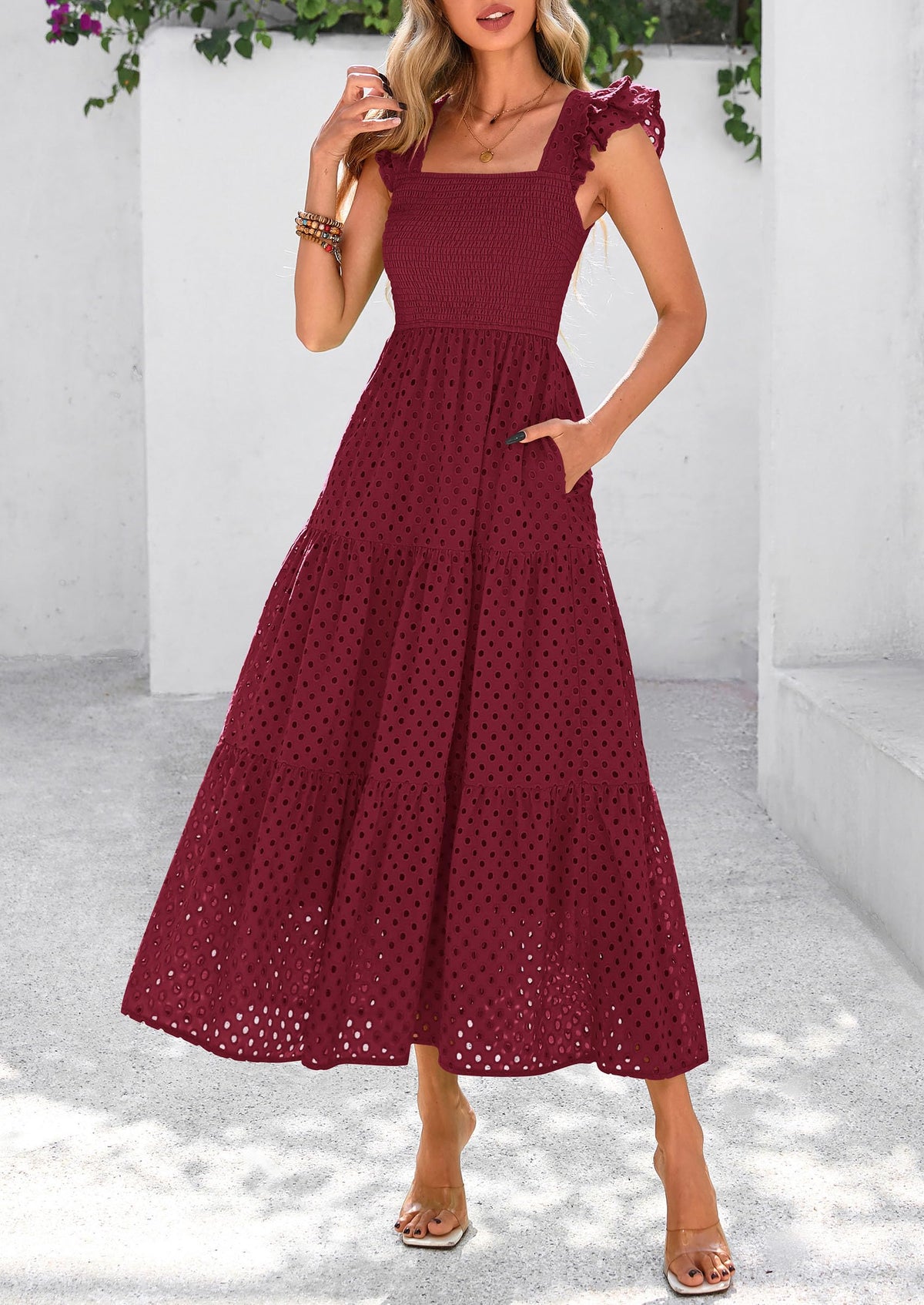 Womens Summer Square Neck Maxi Dresses Cap Sleeve Eyelet Smocked Tiered A Line Flowy Long Dress with Pockets