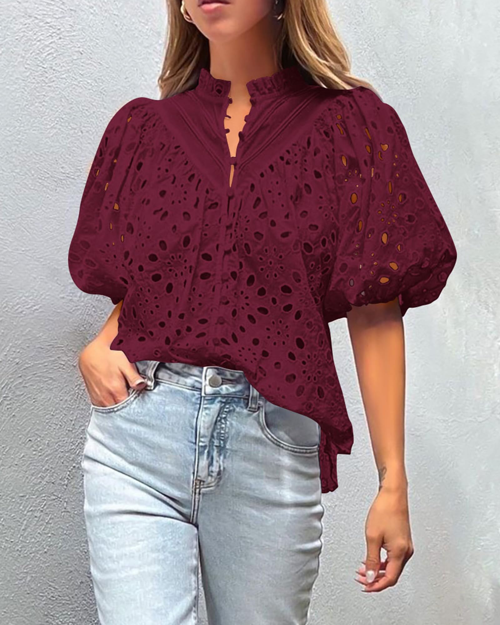 PRETTYGARDEN Women's Summer Short Sleeve Tops Dressy Casual Buttons V Neck Hollow Out Lace Embroidered Blouses Shirts