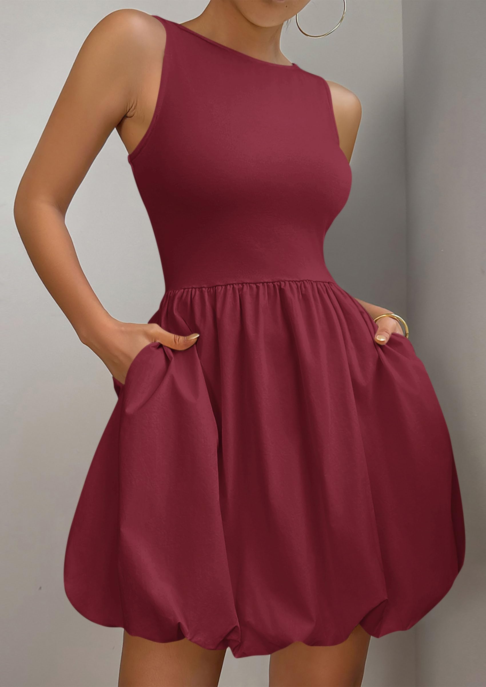 PRETTYGARDEN Summer Dresses for Women Casual Sleeveless Tank Mini Short Dress Crew Neck Bubble Sundress with Pockets